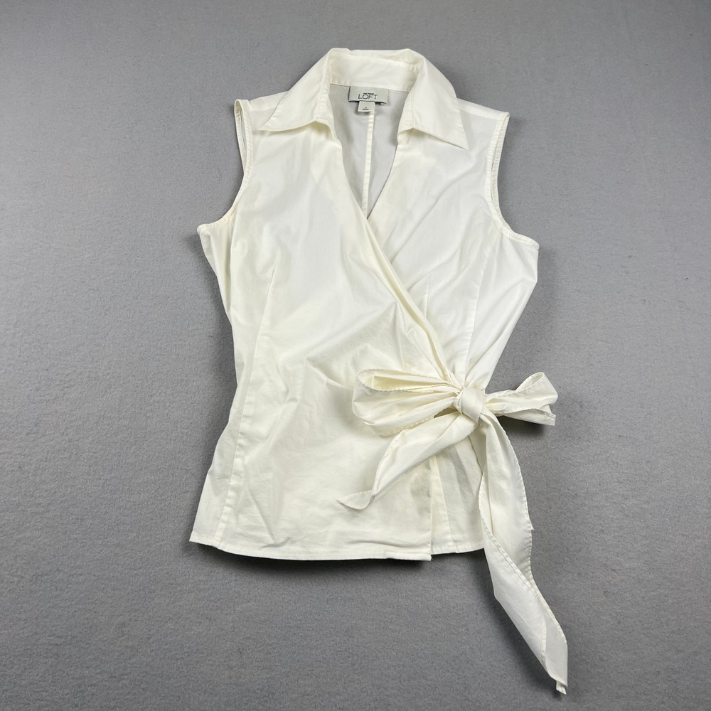 Ann Taylor Loft Wrap Blouse Womens 8 White Sleeveless Collared Side Tie Casual